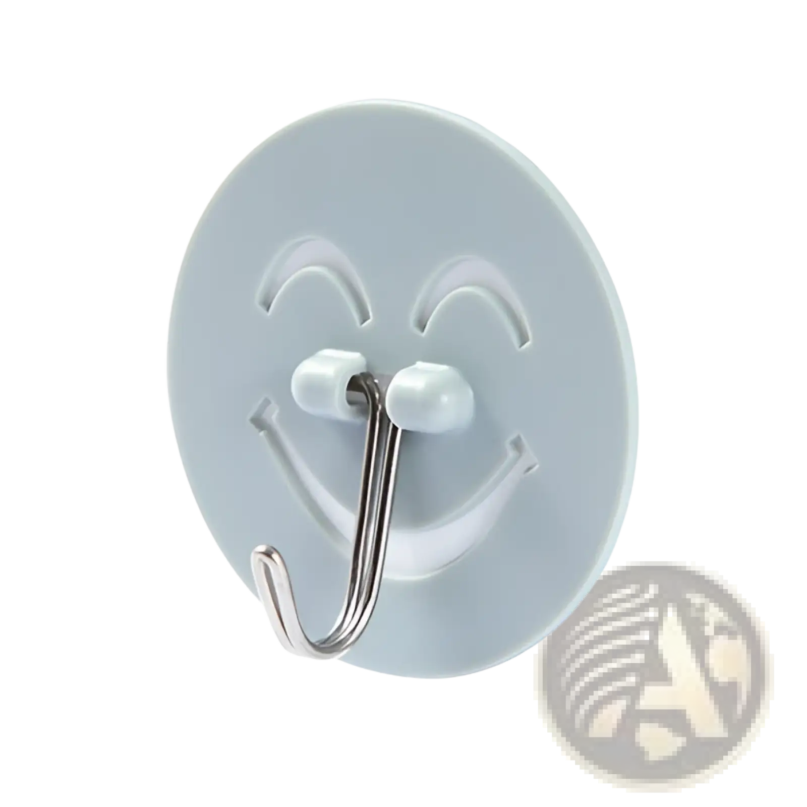 Light blue waterproof adhesive wall hook with smiling face design and metallic j-shaped hanging loop
