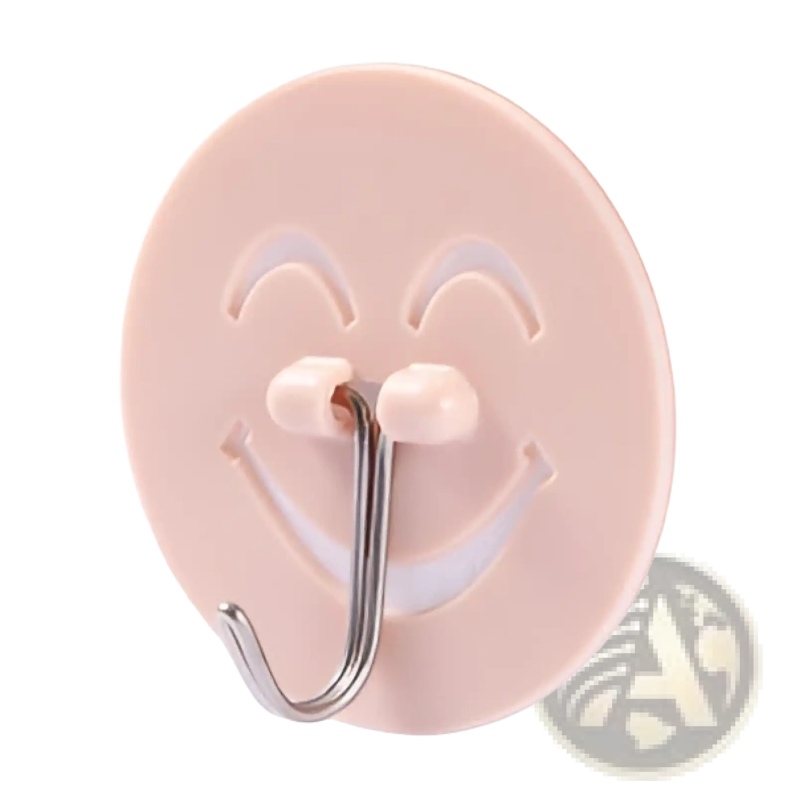 Pink circular waterproof adhesive wall hook with smiling face design and metallic j shaped hanging loop