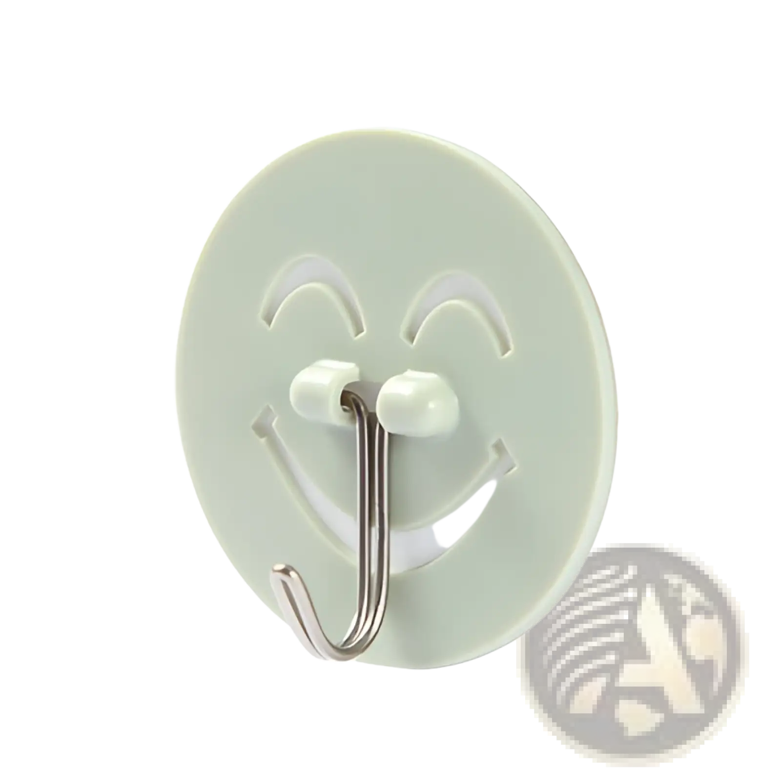A cheerful light green waterproof adhesive wall hook with a smiling face and metallic j-shaped hanging loop