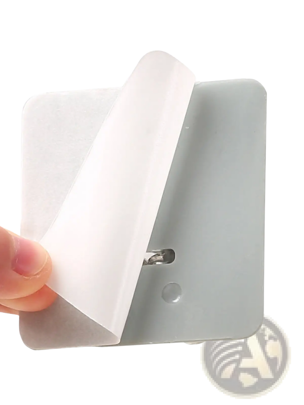 Gray plastic waterproof adhesive wall hook with white backing showing the back side of a metallic j hook product