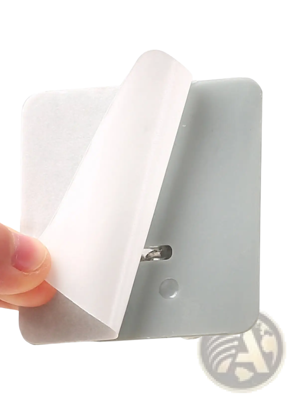 Gray plastic waterproof adhesive wall hook with white backing showing the back side of a metallic j hook product