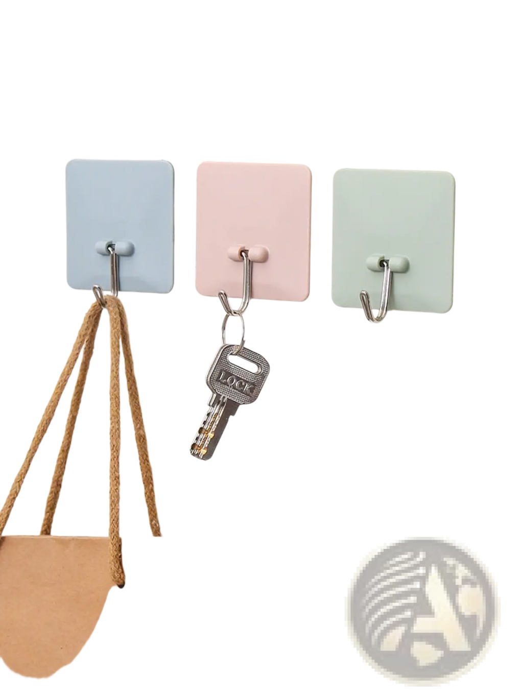 Three pastel adhesive waterproof wall hooks in light blue pink and mint green with metallic silver j hooks
