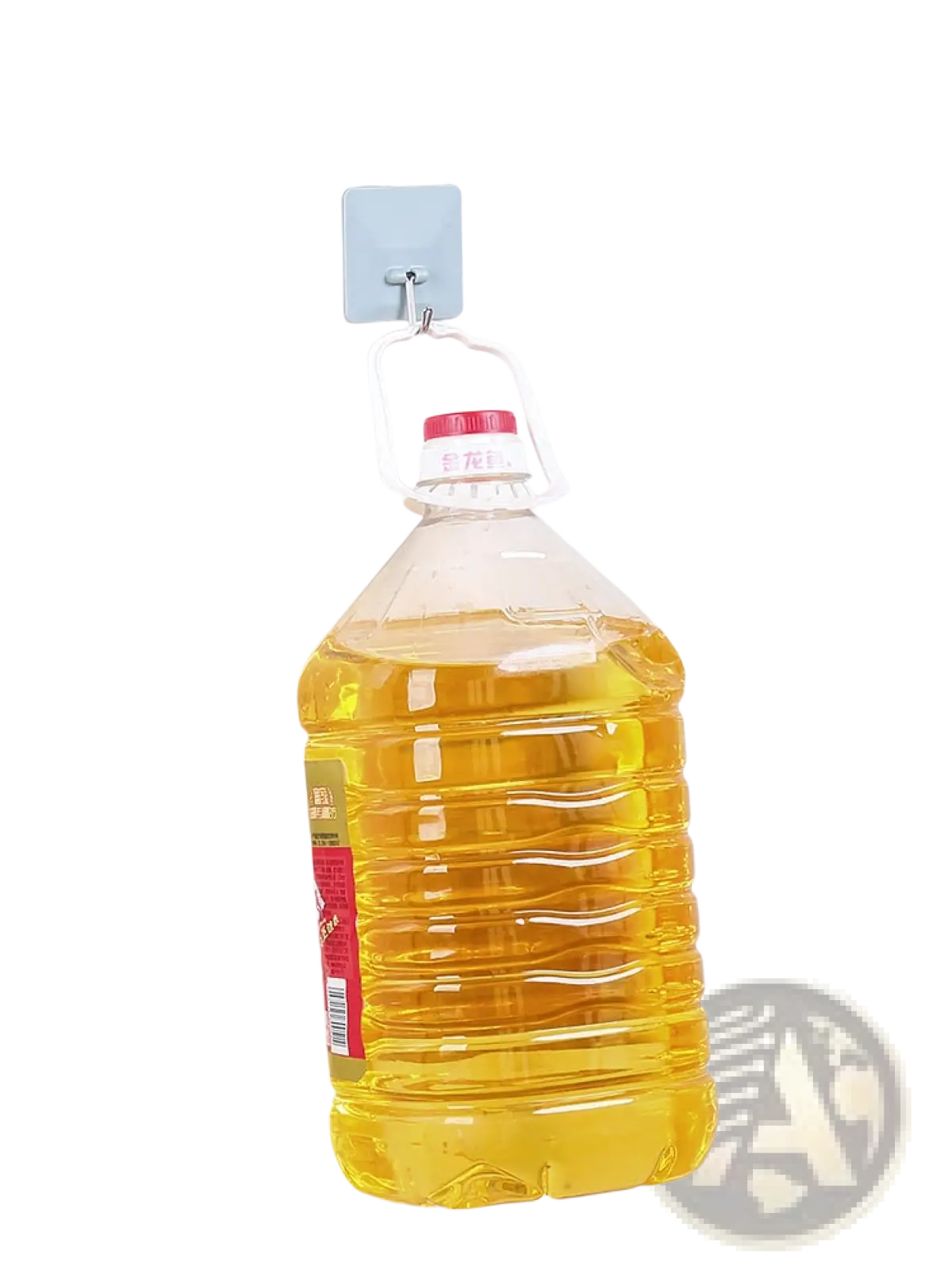 A clear plastic bottle with red cap filled with golden-yellow oil shown alongside waterproof adhesive wall hooks with metallic j hook
