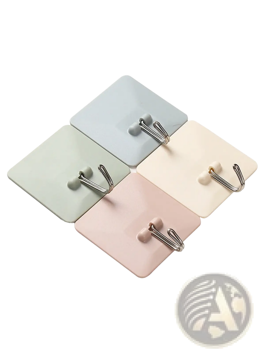 Set of four pastel-colored waterproof adhesive wall hooks with metallic silver j hooks for hanging items