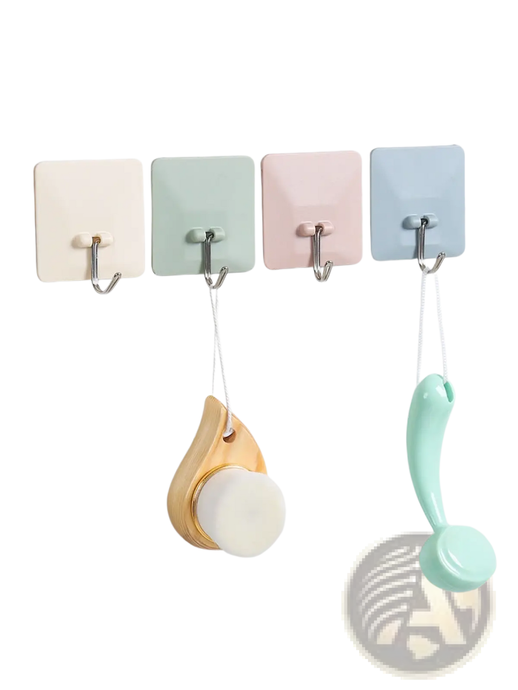 Set of four waterproof adhesive wall hooks with metallic j hooks in pastel cream, sage green, blush pink, and light blue