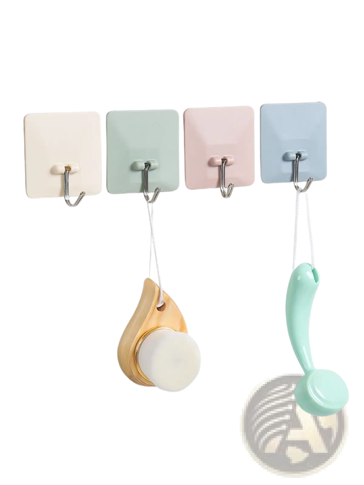 Set of four waterproof adhesive wall hooks with metallic j hooks in pastel cream, sage green, blush pink, and light blue