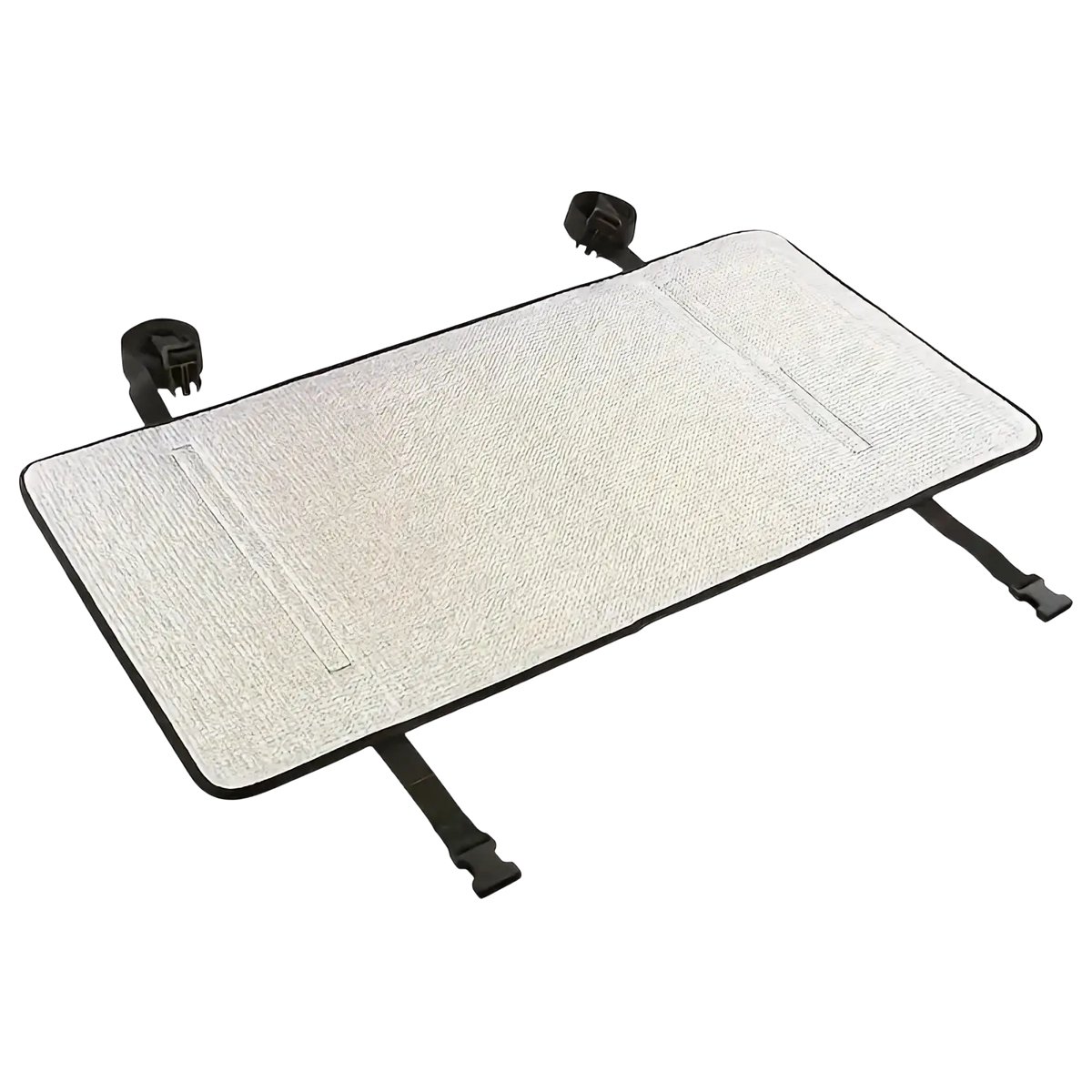 Back side of a rectangular light gray textured waterproof air conditioner cover with black trim and adjustable straps for outdoor sunshade