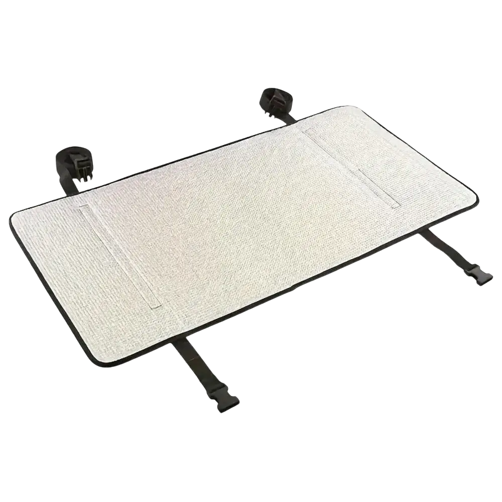 Rectangular light gray textured waterproof air conditioner cover outdoor sunshade with black trim and adjustable straps back side