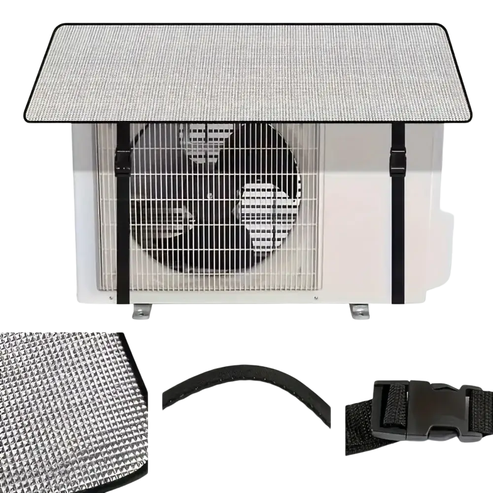Silver mesh waterproof air conditioner cover outdoor sunshade with black adjustable straps and buckle