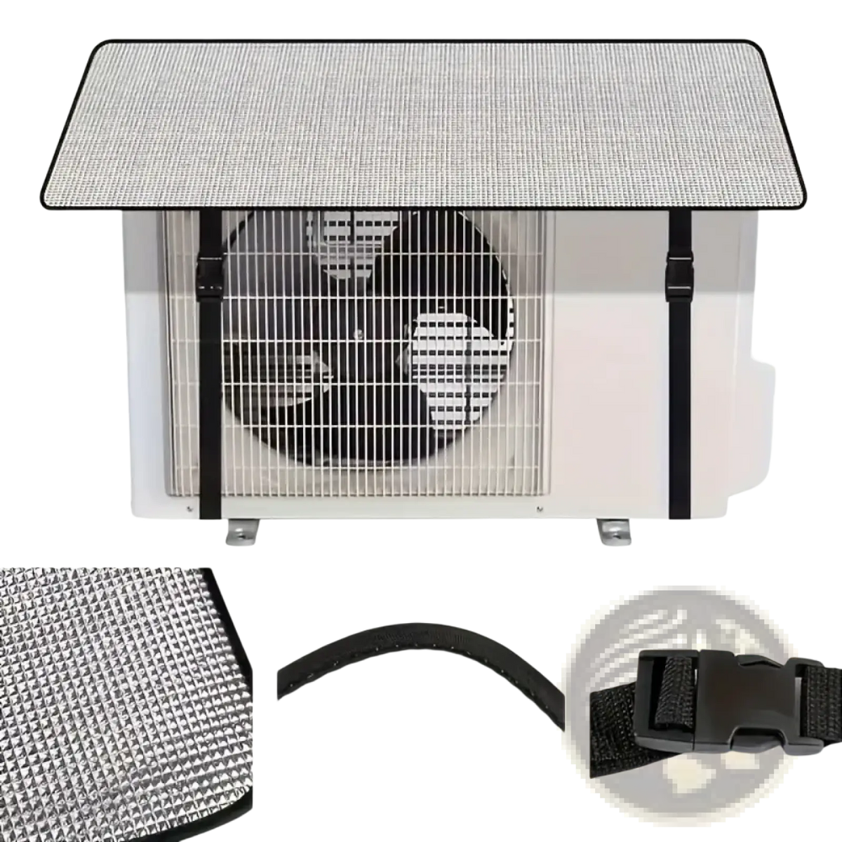 Silver mesh waterproof air conditioner cover outdoor sunshade with black adjustable straps and buckle