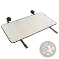 Back side of a rectangular light gray textured waterproof air conditioner cover with black trim and adjustable straps for outdoor sunshade