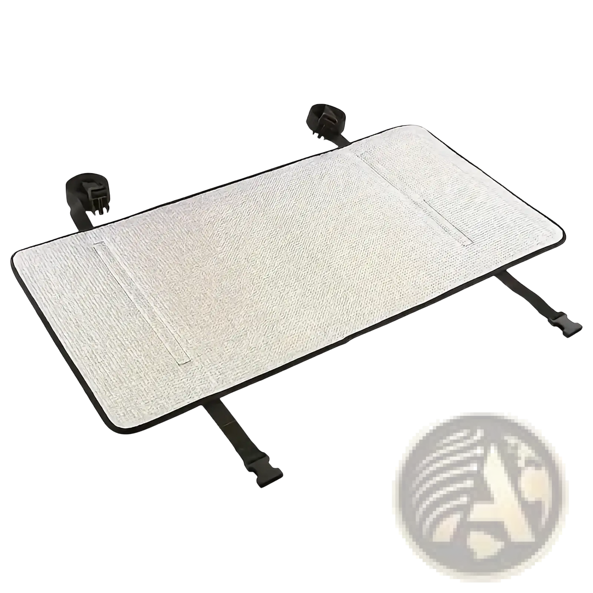 Back side of a rectangular light gray textured waterproof air conditioner cover with black trim and adjustable straps for outdoor sunshade