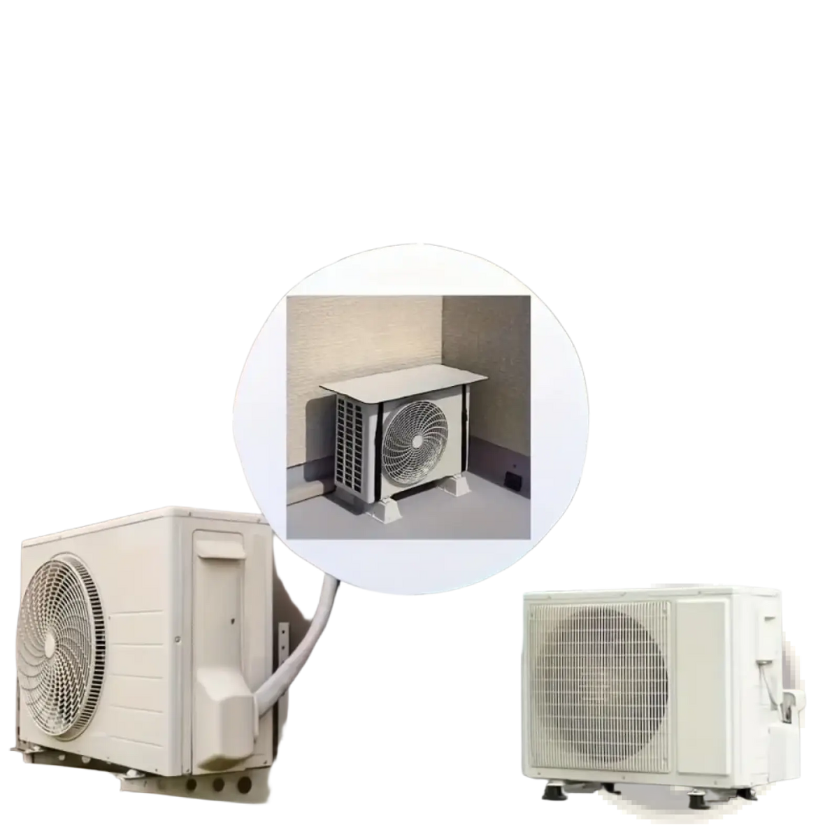 White outdoor air conditioning condenser units with various designs and mounting brackets covered by waterproof sunshade