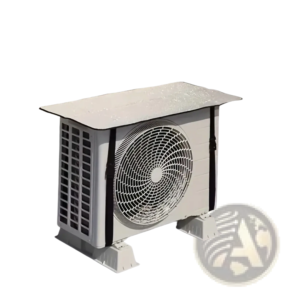 White plastic outdoor air conditioning unit with waterproof outdoor sunshade cover and black protective straps