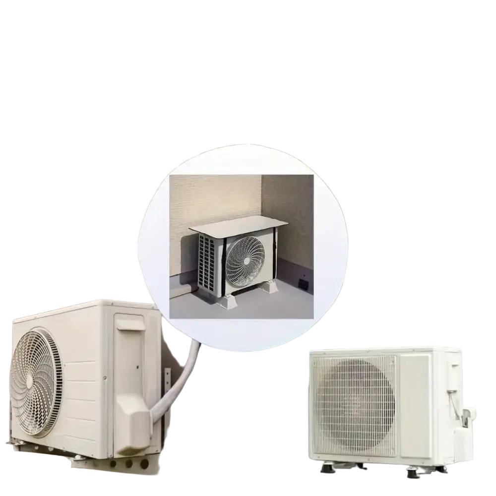 White outdoor air conditioning condenser units with various designs and mounting brackets covered by waterproof sunshade