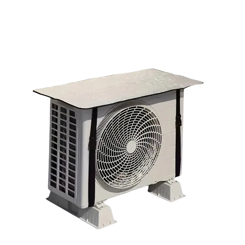 White plastic outdoor air conditioning unit with waterproof outdoor sunshade cover and black protective straps