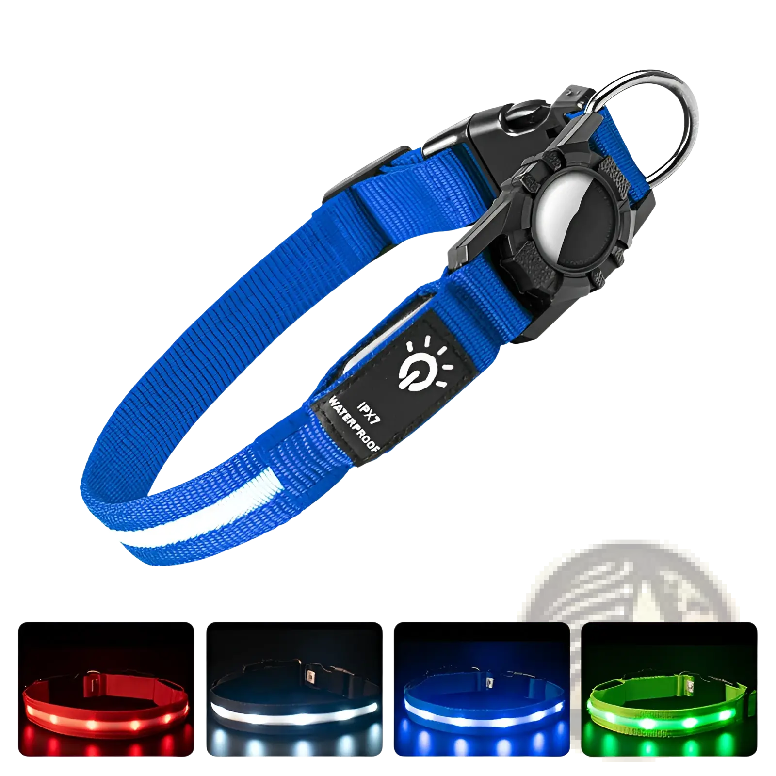 Blue led nylon dog collar with reflective strip black buckle and waterproof design for airtag tracking