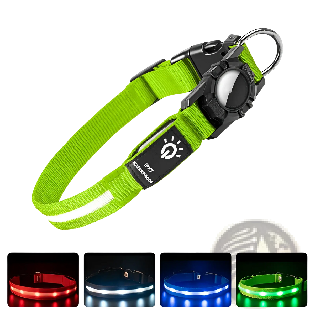Bright lime green waterproof airtag dog collar with led light reflective strip nylon and black buckle