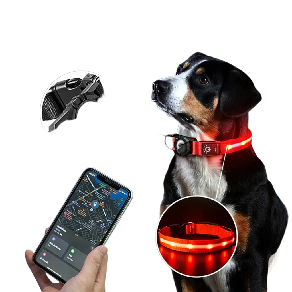 Red led light-up waterproof nylon dog collar with black airtag attachment for tracking and safety
