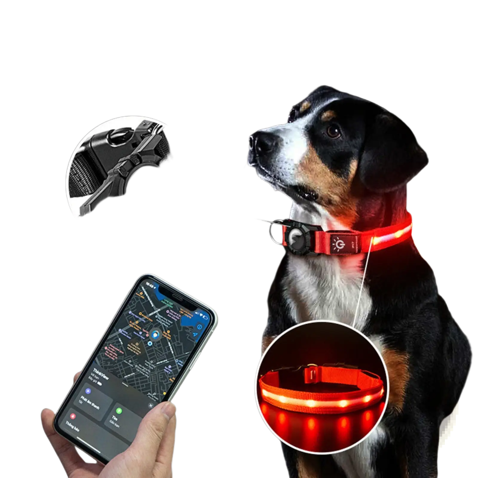 Red led light-up waterproof nylon dog collar with black airtag attachment for tracking and safety