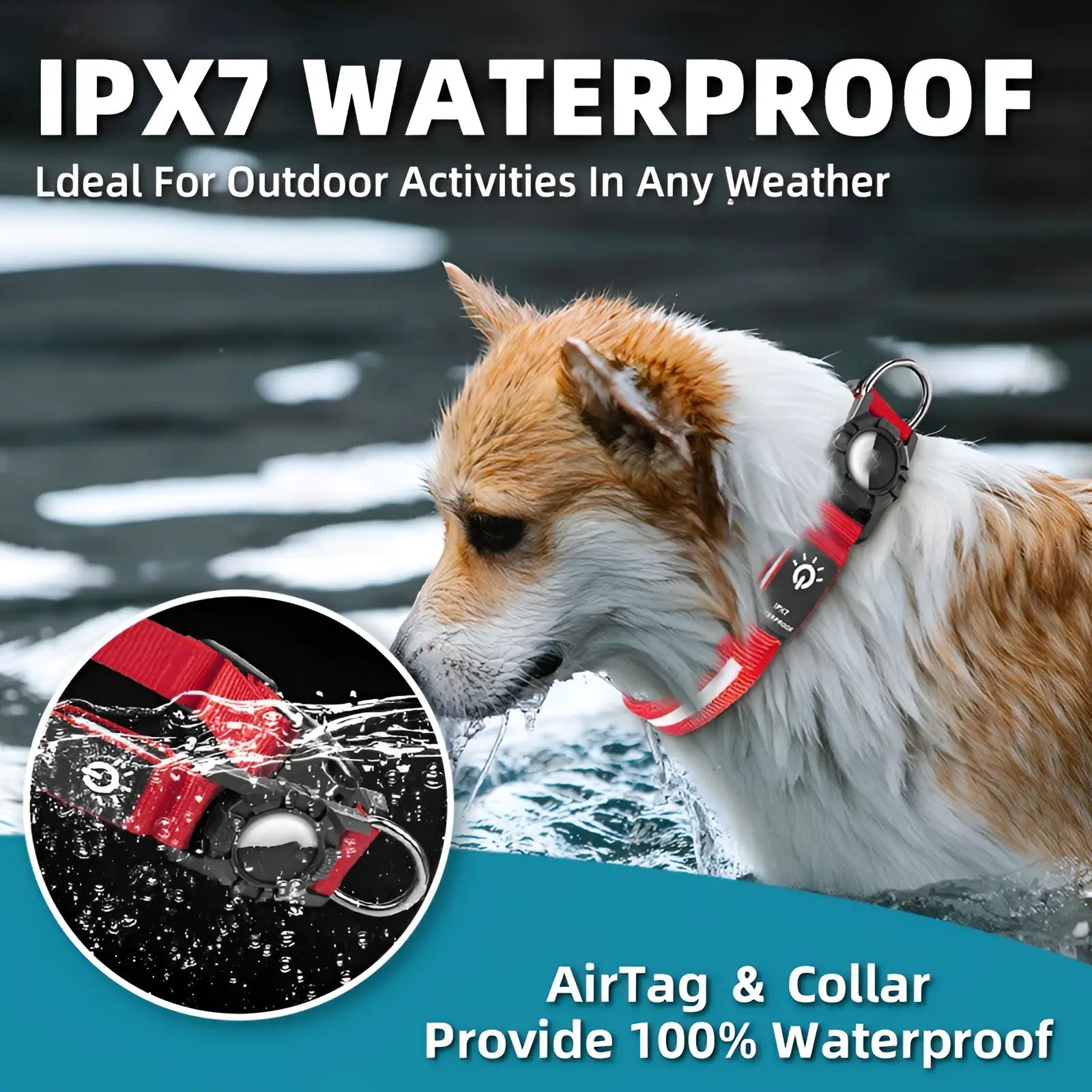 Red and black waterproof nylon dog collar with integrated airtag and led tracking for secure pet monitoring