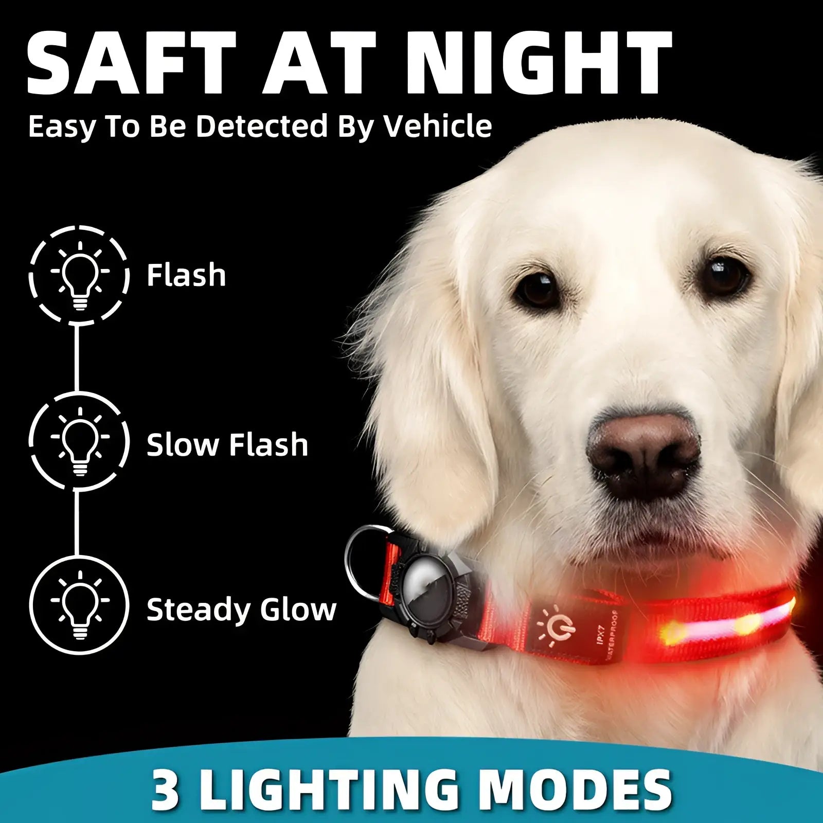 Red led waterproof nylon airtag dog collar with three lighting modes for enhanced nighttime visibility and tracking