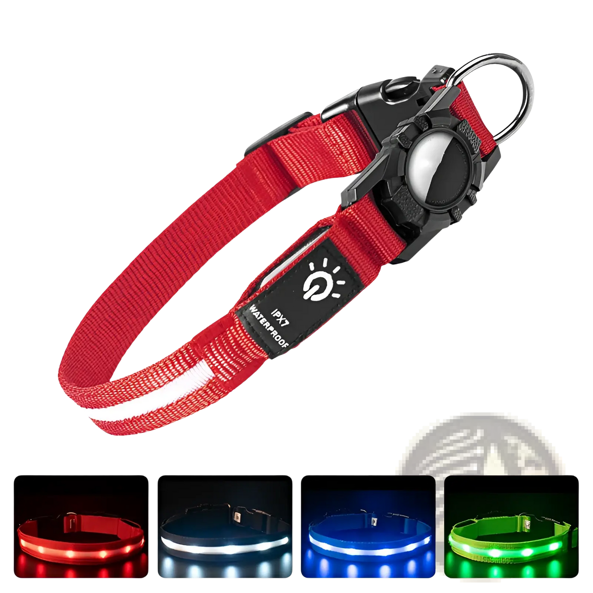 Red led waterproof airtag dog collar with black buckle reflective strip made of durable nylon for tracking and safety
