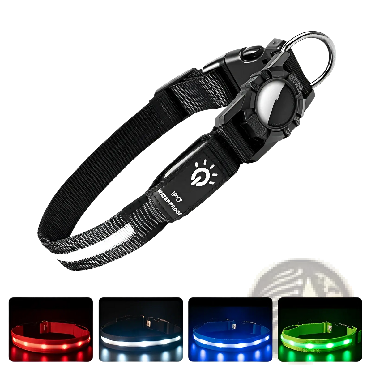Black led waterproof nylon airtag dog collar with reflective strip available in red white blue or green lighting options