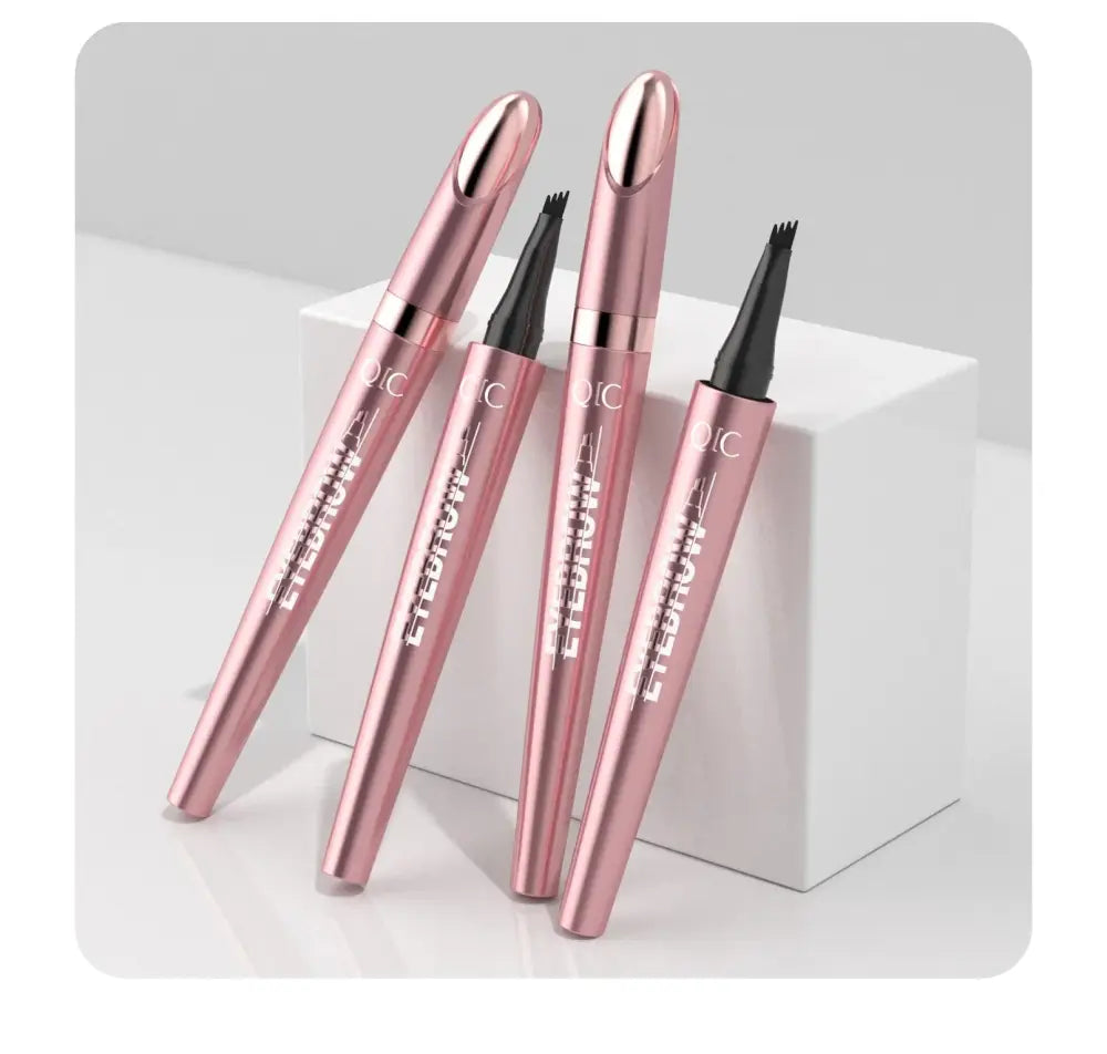 Four rose gold metallic waterproof 4-fork liquid eyebrow pencils with black tips and silver branding for natural definition