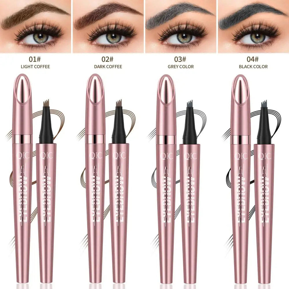 Rose gold waterproof 4-fork liquid eyebrow pencil set with four shade options for natural definition