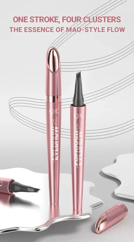 Rose gold metallic waterproof 4-fork liquid eyebrow pencil pens with sleek tapered designs and black tips for natural definition