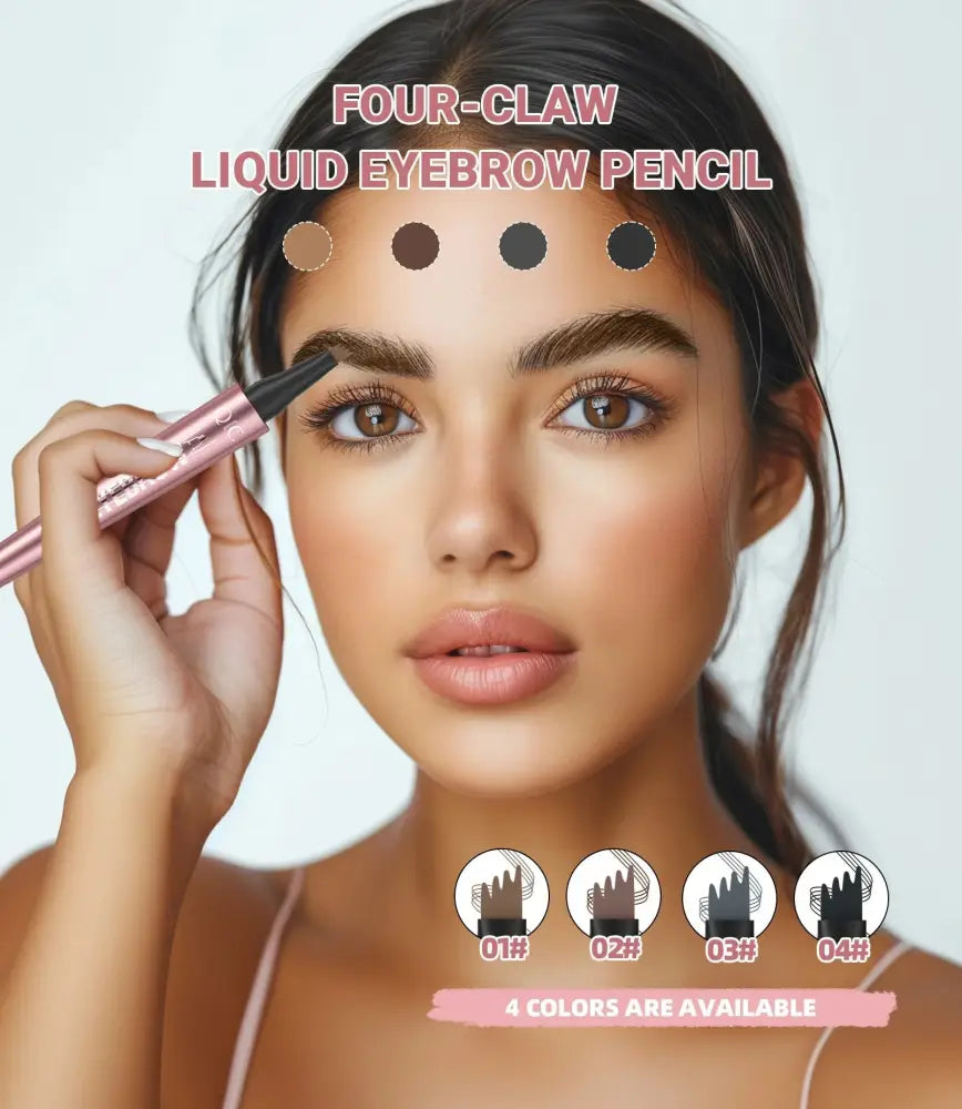 A sleek rose gold waterproof 4-fork liquid eyebrow pencil with a fine tip for natural definition and precise application