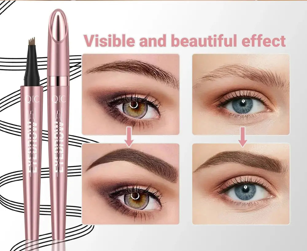 Rose gold waterproof 4-fork liquid eyebrow pencil set with fine-tipped applicator and angled brush for natural definition
