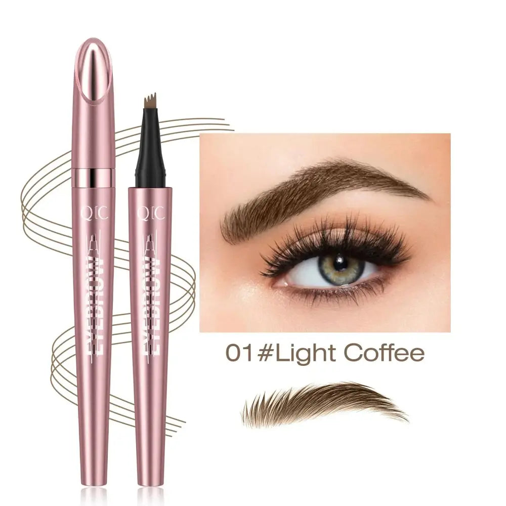 Rose gold metallic waterproof 4-fork liquid eyebrow pencil with fine angled brush tip and black grip for natural definition