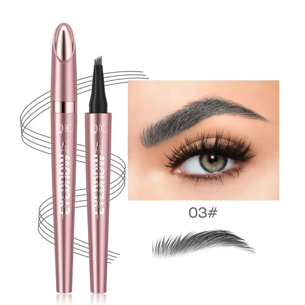 Rose gold waterproof 4-fork liquid eyebrow pencil with black tip and silver branding for natural definition
