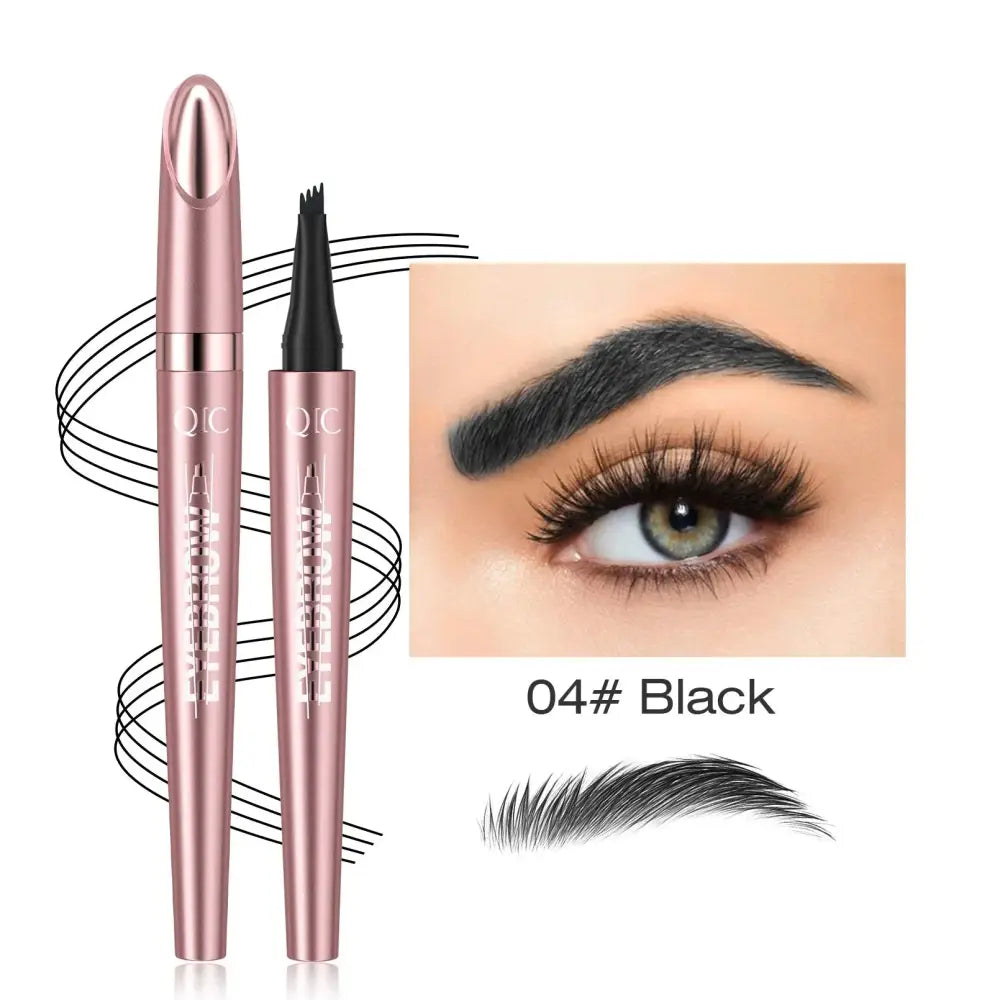 Rose gold waterproof 4-fork liquid eyebrow pencil with black tip and sleek slender design for natural definition