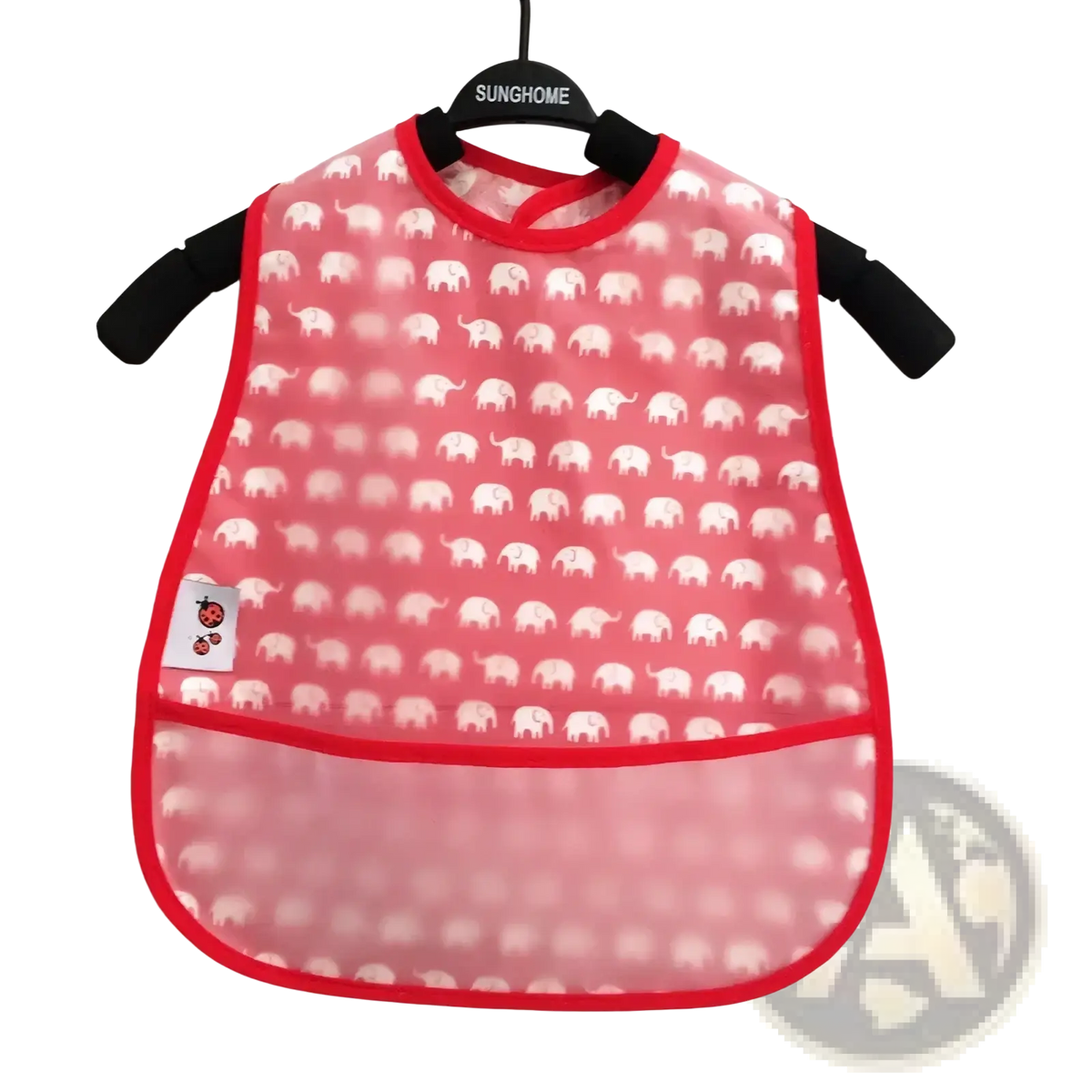 Pink waterproof baby bib with elephant pattern red trim and transparent eva lower section for feeding use
