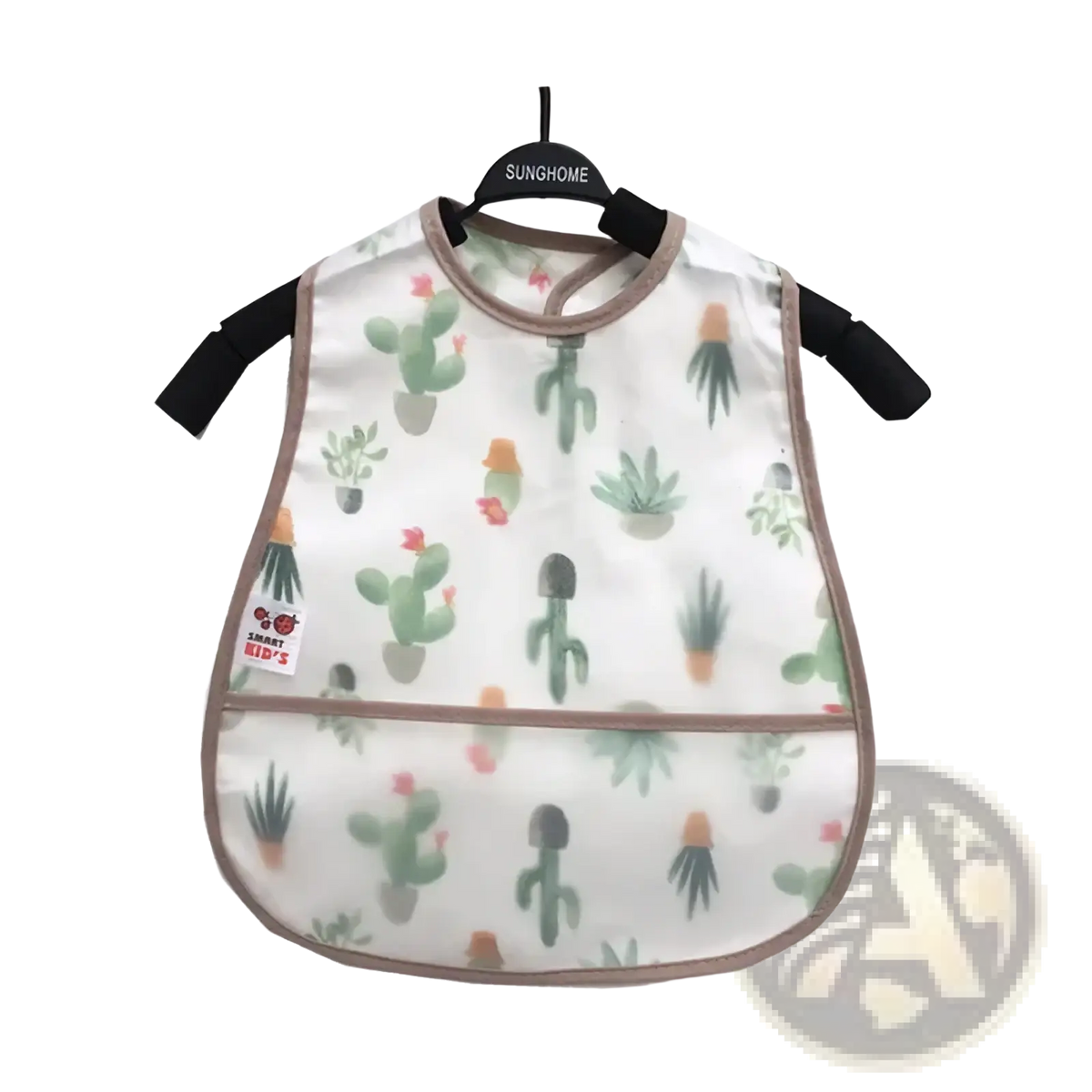 White waterproof baby bib with cactus pattern beige trim and black adjustable straps for feeding protection
