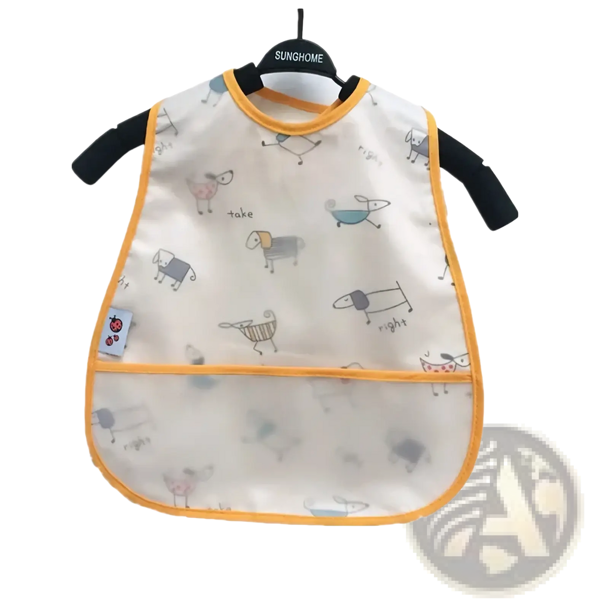 Transparent waterproof baby bib with cartoon dog pattern in gray pink and blue on off-white with yellow trim