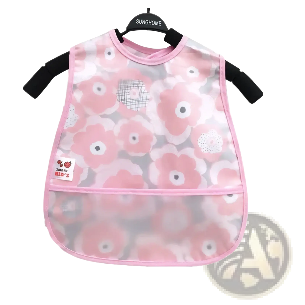 Pink floral-patterned transparent waterproof baby bib made of EVA with black elastic straps and front pocket by smart kids
