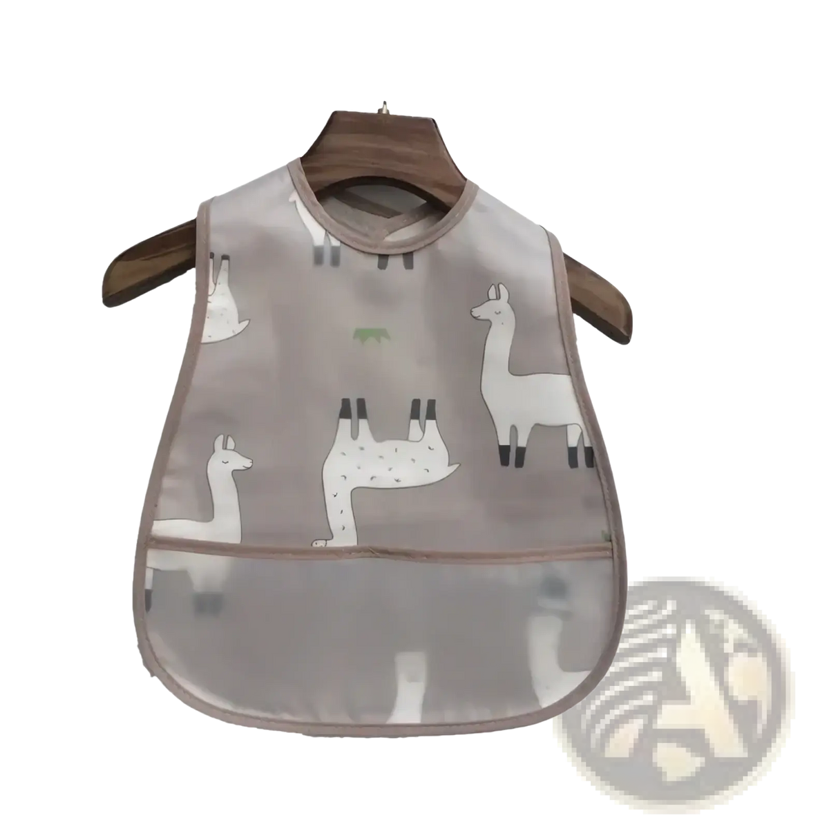 Waterproof gray transparent baby bib with playful alpaca print and reinforced edges for feeding protection