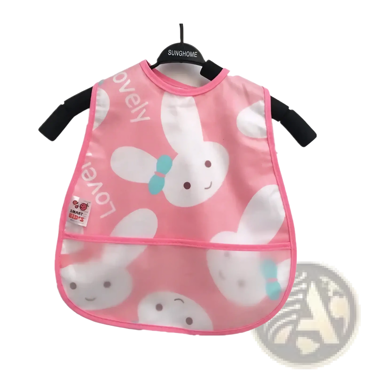 Pink waterproof baby bib with transparent plastic front panel featuring white bunny faces and light blue bows for feeding
