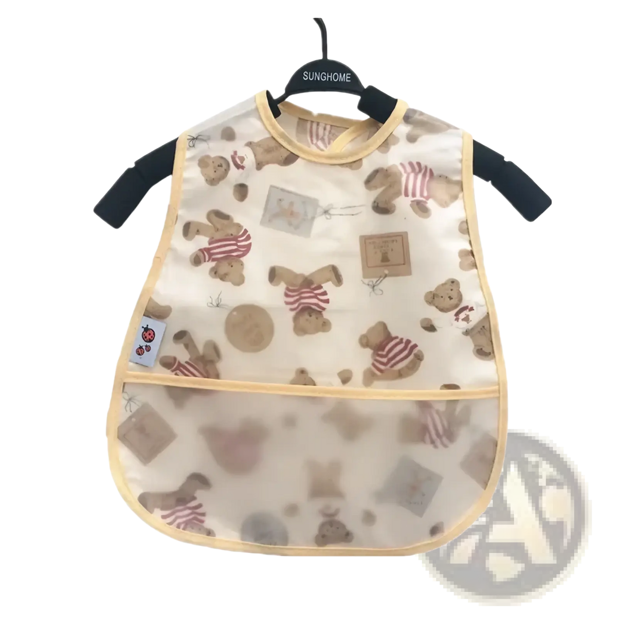 A beige transparent waterproof baby bib made of EVA with brown teddy bears and yellow trim for feeding use