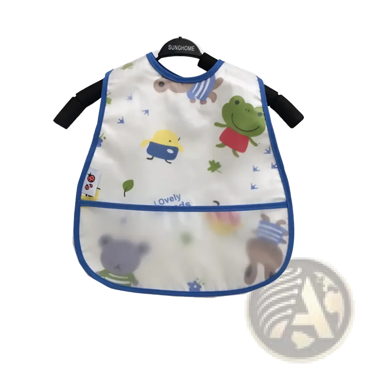 White waterproof baby bib with blue trim cartoon animal prints and transparent front pocket made of eva material