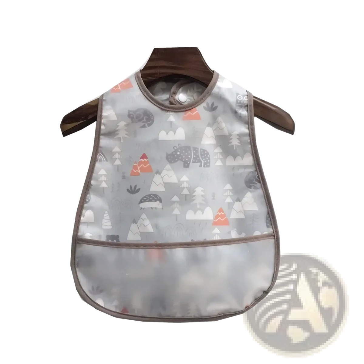 Gray and orange waterproof baby bib with cartoon bears and trees on a clear plastic front panel for feeding use