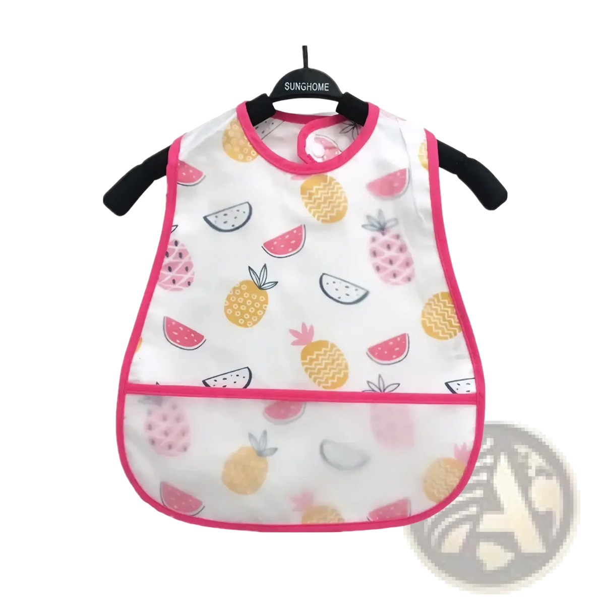 Transparent waterproof baby bib made of eva with pink and yellow pineapple and watermelon pattern and bright pink trim