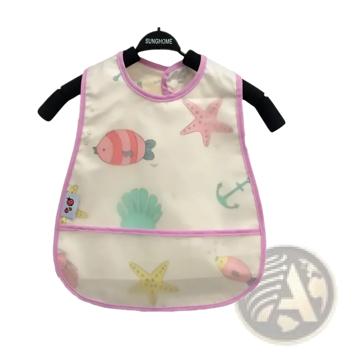 Waterproof eva baby bib with pink trim and colorful sea creature prints designed for feeding protection