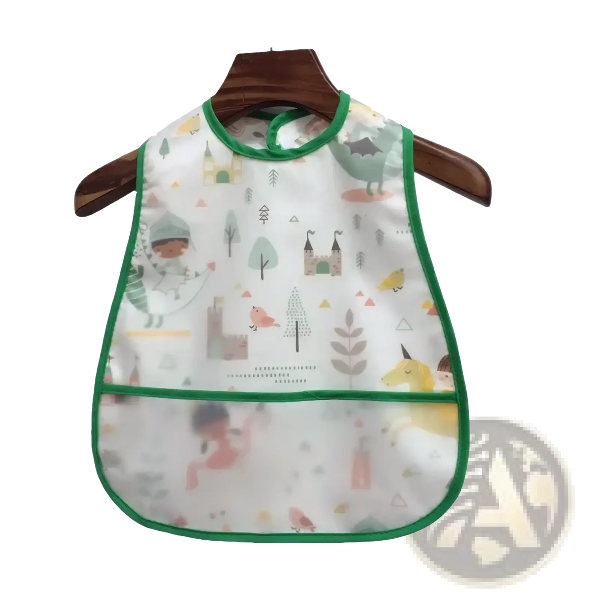 A white waterproof baby bib with green trim and whimsical forest print suitable for feeding and apron use