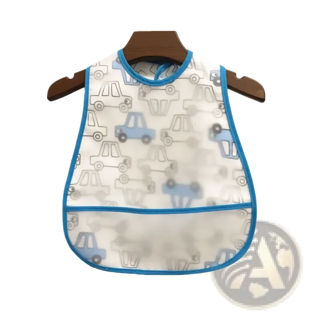 White waterproof eva baby bib with blue trim and cartoon car pattern hanging on wooden hanger for feeding use