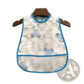 White waterproof eva baby bib with blue trim and cartoon car pattern hanging on wooden hanger for feeding use